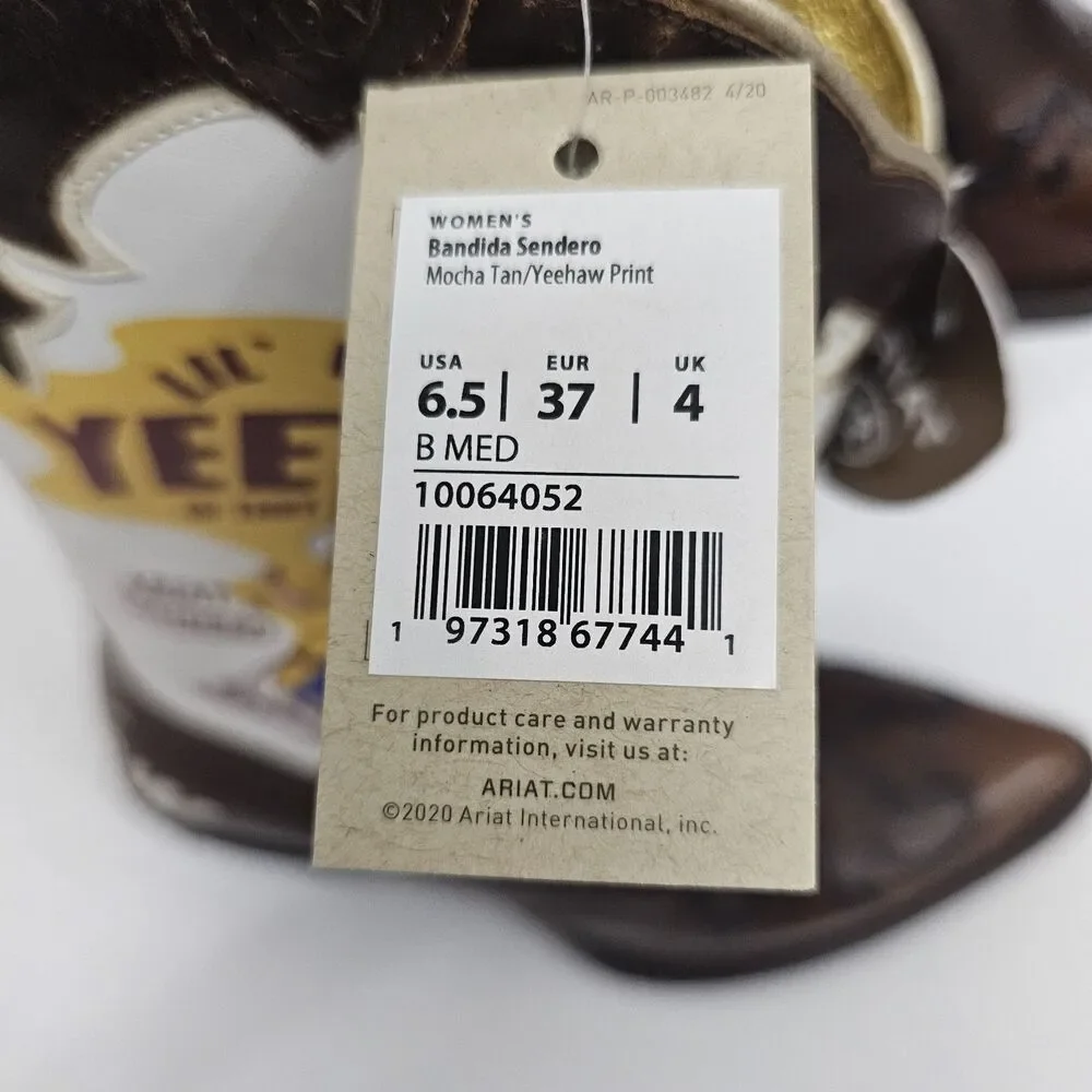 Ariat x Sendero Bandida Western Boots Mocha Tan Yeehaw Print 6.5B 10064052 NWOB